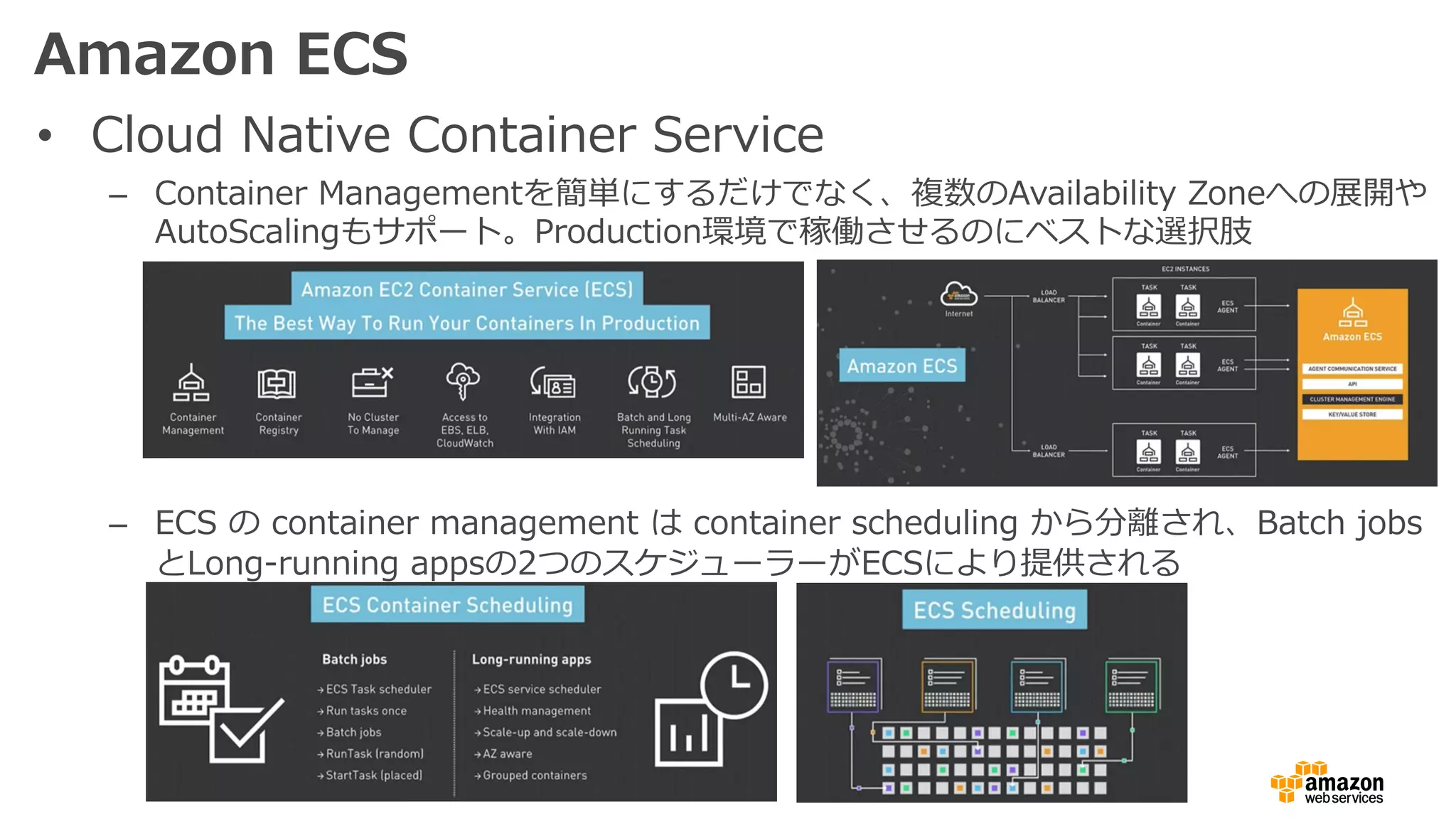 Amazon ECS
• Cloud Native Container Service
– Container Managementを簡単にするだけでなく、複数のAvailability Zoneへの展開や
AutoScalingもサポート。Production環境で稼働させるのにベストな選択肢
– ECS の container management は container scheduling から分離され、Batch jobs
とLong-running appsの2つのスケジューラーがECSにより提供される
 