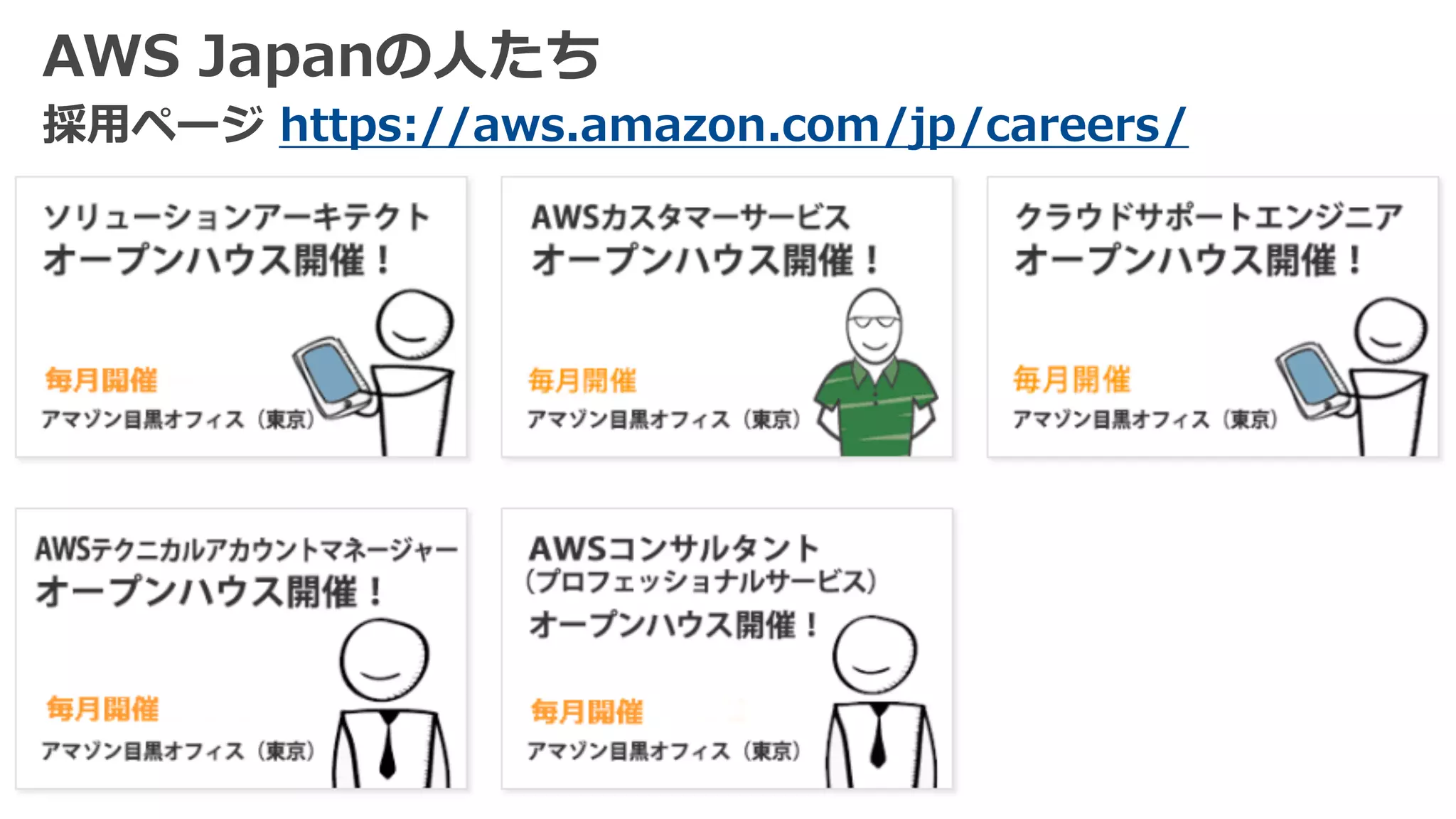 AWS Japanの⼈たち
採⽤ページ https://aws.amazon.com/jp/careers/
 