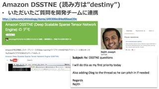 Amazon DSSTNE (読み⽅は”destiny”)
• いただいたご質問を開発チームに連携
http://qiita.com/shinodogg/items/d49300ec84ed0bead39e
 
