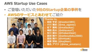 AWS Startup Use Cases
• ご登壇いただいた9社のStartup企業の事例を
• AWSのサービスとあわせてご紹介
Thanks to,
o 岩⽥ 宇史 (@iwata1985)
o ⼩川 雅史 (@ma_ogawa)
o 松下 雅和 (@matsukaz)
o 梅⽥ 昌太 (@ebisusurf)
o 安川 健太 (@thekentiest)
o 冨⽥ 陽介 (@seikoudoku2000)
o 富⽥ 陽介 (@tmtysk)
o 梶原 賢祐 (@kajiken)
o 椎名 アマド (@ima_amataro)
 