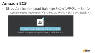 Amazon ECS
• 新しいApplication Load Balancerとのインテグレーション
– Content-based Routingでダイレクトにコンテナにトラフィックをお届け！
 