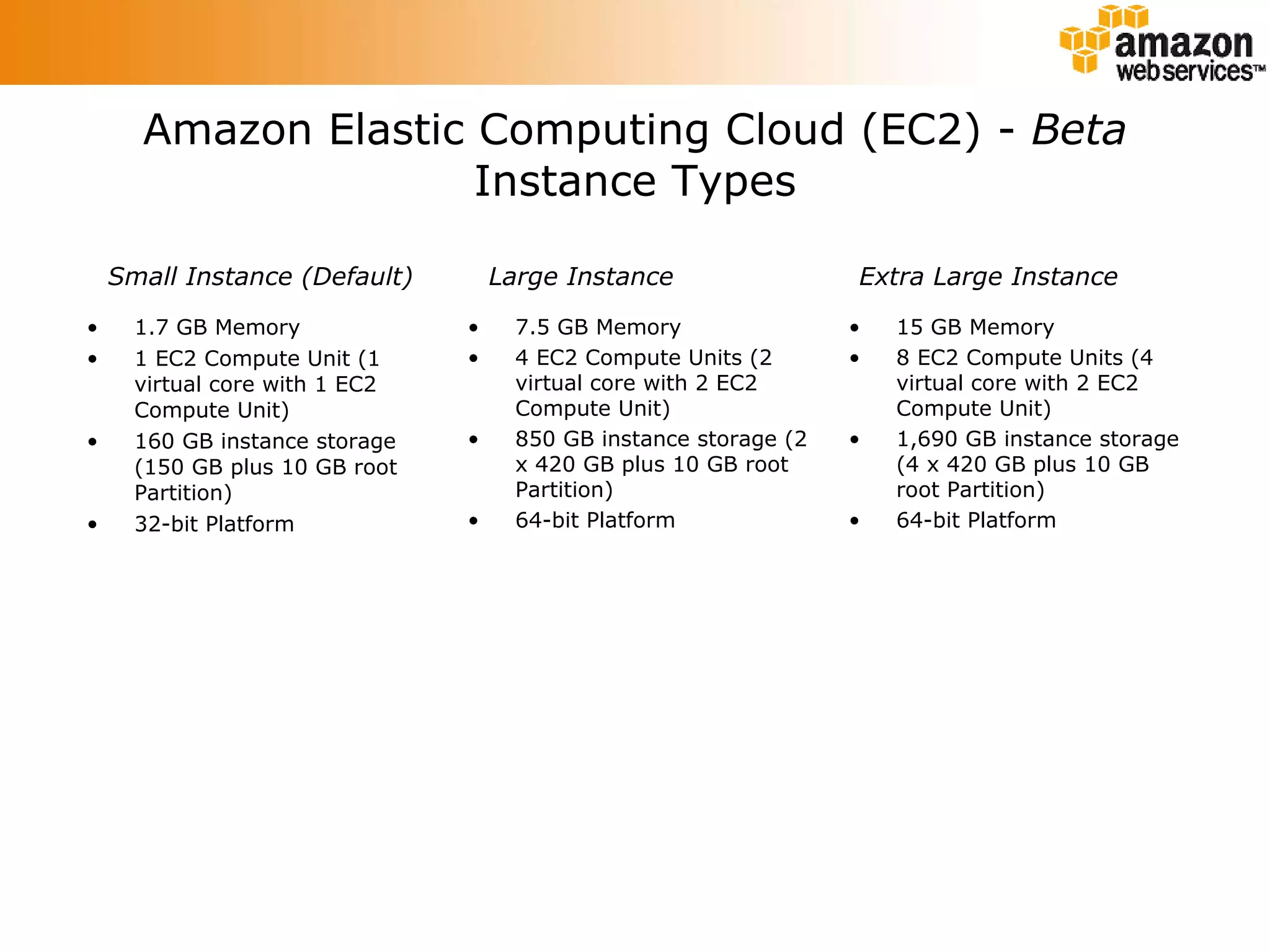 Amazon Elastic Computing Cloud (EC2) -  Beta Instance Types 1.7 GB Memory 1 EC2 Compute Unit (1 virtual core with 1 EC2 Compute Unit) 160 GB instance storage (150 GB plus 10 GB root Partition) 32-bit Platform 7.5 GB Memory 4 EC2 Compute Units (2 virtual core with 2 EC2 Compute Unit) 850 GB instance storage (2 x 420 GB plus 10 GB root Partition) 64-bit Platform 15 GB Memory 8 EC2 Compute Units (4 virtual core with 2 EC2 Compute Unit) 1,690 GB instance storage (4 x 420 GB plus 10 GB root Partition) 64-bit Platform Small Instance (Default) Large Instance Extra Large Instance 