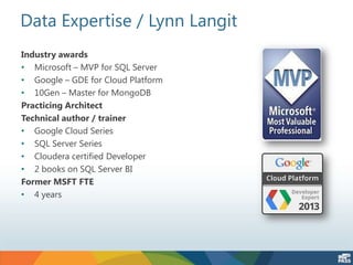 Data Expertise / Lynn Langit
Industry awards
• Microsoft – MVP for SQL Server
• Google – GDE for Cloud Platform
• 10Gen – Master for MongoDB
Practicing Architect
Technical author / trainer
• Google Cloud Series
• SQL Server Series
• Cloudera certified Developer
• 2 books on SQL Server BI
Former MSFT FTE
• 4 years
 