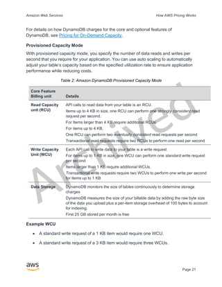 Archived
Amazon Web Services How AWS Pricing Works
Page 21
For details on how DynamoDB charges for the core and optional features of
DynamoDB, see Pricing for On-Demand Capacity.
Provisioned Capacity Mode
With provisioned capacity mode, you specify the number of data reads and writes per
second that you require for your application. You can use auto scaling to automatically
adjust your table’s capacity based on the specified utilization rate to ensure application
performance while reducing costs.
Table 2: Amazon DynamoDB Provisioned Capacity Mode
Core Feature
Billing unit Details
Read Capacity
unit (RCU)
API calls to read data from your table is an RCU.
Items up to 4 KB in size, one RCU can perform one strongly consistent read
request per second.
For Items larger than 4 KB require additional RCUs
For items up to 4 KB,
One RCU can perform two eventually consistent read requests per second
Transactional read requests require two RCUs to perform one read per second
Write Capacity
Unit (WCU)
Each API call to write data to your table is a write request
For items up to 1 KB in size, one WCU can perform one standard write request
per second
Items larger than 1 KB require additional WCUs.
Transactional write requests require two WCUs to perform one write per second
for items up to 1 KB
Data Storage DynamoDB monitors the size of tables continuously to determine storage
charges
DynamoDB measures the size of your billable data by adding the raw byte size
of the data you upload plus a per-item storage overhead of 100 bytes to account
for indexing.
First 25 GB stored per month is free
Example WCU
• A standard write request of a 1 KB item would require one WCU.
• A standard write request of a 3 KB item would require three WCUs.
 