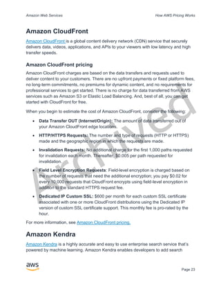 Archived
Amazon Web Services How AWS Pricing Works
Page 23
Amazon CloudFront
Amazon CloudFront is a global content delivery network (CDN) service that securely
delivers data, videos, applications, and APIs to your viewers with low latency and high
transfer speeds.
Amazon CloudFront pricing
Amazon CloudFront charges are based on the data transfers and requests used to
deliver content to your customers. There are no upfront payments or fixed platform fees,
no long-term commitments, no premiums for dynamic content, and no requirements for
professional services to get started. There is no charge for data transferred from AWS
services such as Amazon S3 or Elastic Load Balancing. And, best of all, you can get
started with CloudFront for free.
When you begin to estimate the cost of Amazon CloudFront, consider the following:
• Data Transfer OUT (Internet/Origin): The amount of data transferred out of
your Amazon CloudFront edge locations.
• HTTP/HTTPS Requests: The number and type of requests (HTTP or HTTPS)
made and the geographic region in which the requests are made.
• Invalidation Requests: No additional charge for the first 1,000 paths requested
for invalidation each month. Thereafter, $0.005 per path requested for
invalidation.
• Field Level Encryption Requests: Field-level encryption is charged based on
the number of requests that need the additional encryption; you pay $0.02 for
every 10,000 requests that CloudFront encrypts using field-level encryption in
addition to the standard HTTPS request fee.
• Dedicated IP Custom SSL: $600 per month for each custom SSL certificate
associated with one or more CloudFront distributions using the Dedicated IP
version of custom SSL certificate support. This monthly fee is pro-rated by the
hour.
For more information, see Amazon CloudFront pricing.
Amazon Kendra
Amazon Kendra is a highly accurate and easy to use enterprise search service that’s
powered by machine learning. Amazon Kendra enables developers to add search
 