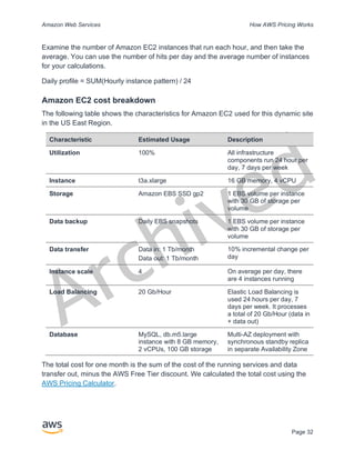 Archived
Amazon Web Services How AWS Pricing Works
Page 32
Examine the number of Amazon EC2 instances that run each hour, and then take the
average. You can use the number of hits per day and the average number of instances
for your calculations.
Daily profile = SUM(Hourly instance pattern) / 24
Amazon EC2 cost breakdown
The following table shows the characteristics for Amazon EC2 used for this dynamic site
in the US East Region.
Characteristic Estimated Usage Description
Utilization 100% All infrastructure
components run 24 hour per
day, 7 days per week
Instance t3a.xlarge 16 GB memory, 4 vCPU
Storage Amazon EBS SSD gp2 1 EBS volume per instance
with 30 GB of storage per
volume
Data backup Daily EBS snapshots 1 EBS volume per instance
with 30 GB of storage per
volume
Data transfer Data in: 1 Tb/month
Data out: 1 Tb/month
10% incremental change per
day
Instance scale 4 On average per day, there
are 4 instances running
Load Balancing 20 Gb/Hour Elastic Load Balancing is
used 24 hours per day, 7
days per week. It processes
a total of 20 Gb/Hour (data in
+ data out)
Database MySQL, db.m5.large
instance with 8 GB memory,
2 vCPUs, 100 GB storage
Multi-AZ deployment with
synchronous standby replica
in separate Availability Zone
The total cost for one month is the sum of the cost of the running services and data
transfer out, minus the AWS Free Tier discount. We calculated the total cost using the
AWS Pricing Calculator.
 