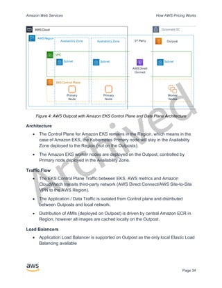 Archived
Amazon Web Services How AWS Pricing Works
Page 34
Figure 4: AWS Outpost with Amazon EKS Control Plane and Data Plane Architecture
Architecture
• The Control Plane for Amazon EKS remains in the Region, which means in the
case of Amazon EKS, the Kubernetes Primary node will stay in the Availability
Zone deployed to the Region (not on the Outposts).
• The Amazon EKS worker nodes are deployed on the Outpost, controlled by
Primary node deployed in the Availability Zone.
Traffic Flow
• The EKS Control Plane Traffic between EKS, AWS metrics and Amazon
CloudWatch transits third-party network (AWS Direct Connect/AWS Site-to-Site
VPN to the AWS Region).
• The Application / Data Traffic is isolated from Control plane and distributed
between Outposts and local network.
• Distribution of AMIs (deployed on Outpost) is driven by central Amazon ECR in
Region, however all images are cached locally on the Outpost.
Load Balancers
• Application Load Balancer is supported on Outpost as the only local Elastic Load
Balancing available
Outpost
AWS Region
VPC
Availability Zone
Subnet
Primary
Node
EKS Control Plane
Corporate DC
Availability Zone
Subnet Subnet
Worker
Nodes
Primary
Node
3rd
Party
3rd
Party
AWS Direct
Connect
AWS Cloud
 