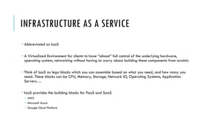 INFRASTRUCTURE AS A SERVICE
­ Abbreviated as IaaS
­ A Virtualized Environment for clients to have “almost” full control of the underlying hardware,
operating system, networking without having to worry about building these components from scratch.
­ Think of IaaS as lego blocks which you can assemble based on what you need, and how many you
need. These blocks can be CPU, Memory, Storage, Network IO, Operating Systems, Application
Servers….
­ IaaS provides the building blocks for PaaS and SaaS
­ AWS
­ Microsoft Azure
­ Google Cloud Platform
 