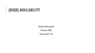(HIGH) AVAILABILITY
Minimal Disruption
Failover (DR)
Measured in 9s
 