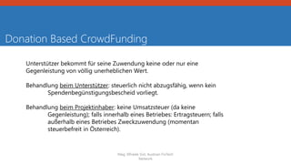 Donation Based CrowdFunding
Unterstützer bekommt für seine Zuwendung keine oder nur eine
Gegenleistung von völlig unerheblichen Wert.
Behandlung beim Unterstützer: steuerlich nicht abzugsfähig, wenn kein
Spendenbegünstigungsbescheid vorliegt.
Behandlung beim Projektinhaber: keine Umsatzsteuer (da keine
Gegenleistung); falls innerhalb eines Betriebes: Ertragsteuern; falls
außerhalb eines Betriebes Zweckzuwendung (momentan
steuerbefreit in Österreich).
Mag. Elfriede Sixt, Austrian FinTech
Network
 