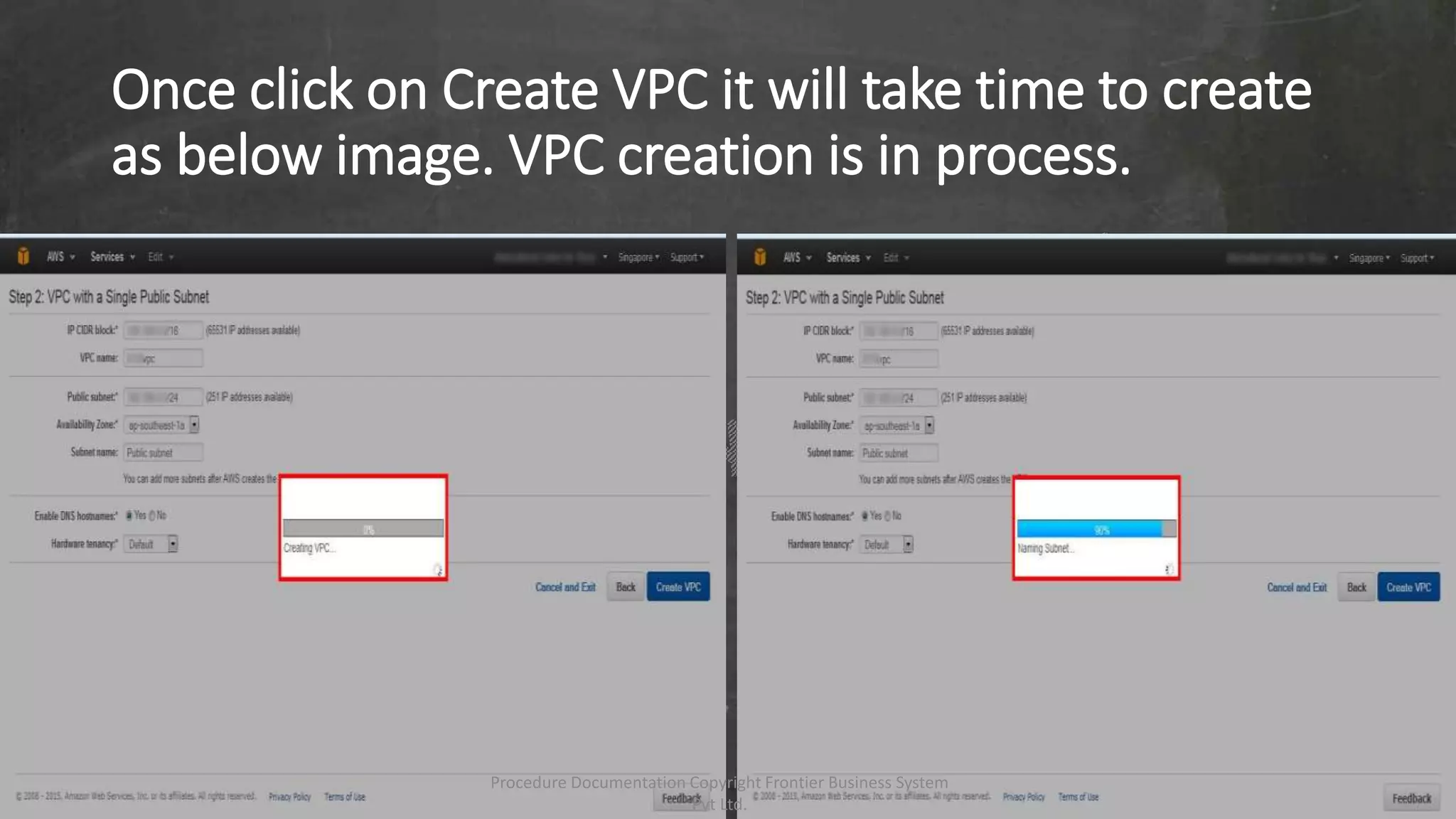 Once click on Create VPC it will take time to create
as below image. VPC creation is in process.
Procedure Documentation Copyright Frontier Business System
Pvt Ltd.
 