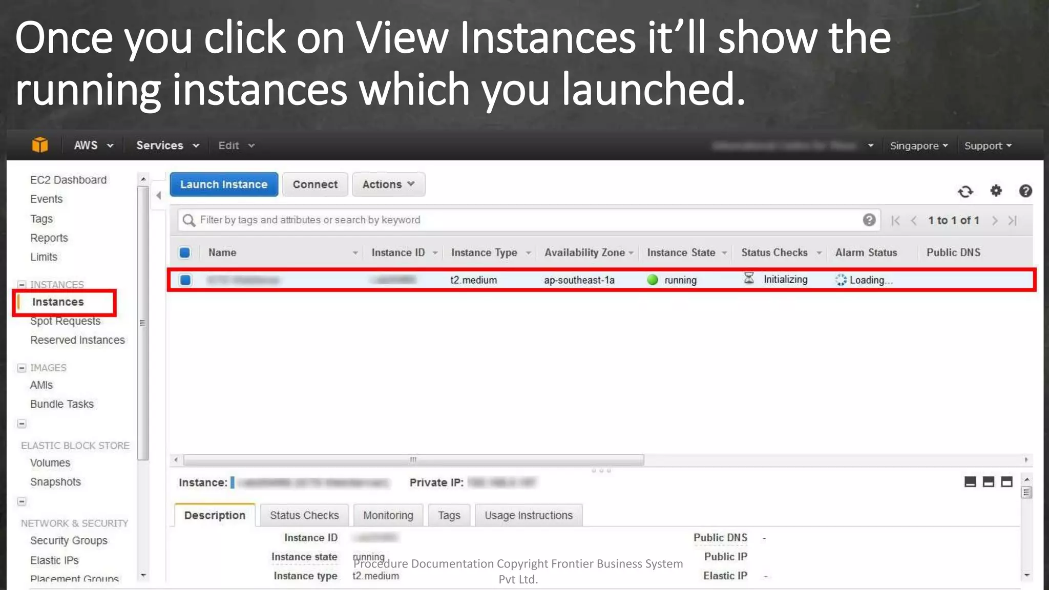 Once you click on View Instances it’ll show the
running instances which you launched.
Procedure Documentation Copyright Frontier Business System
Pvt Ltd.
 
