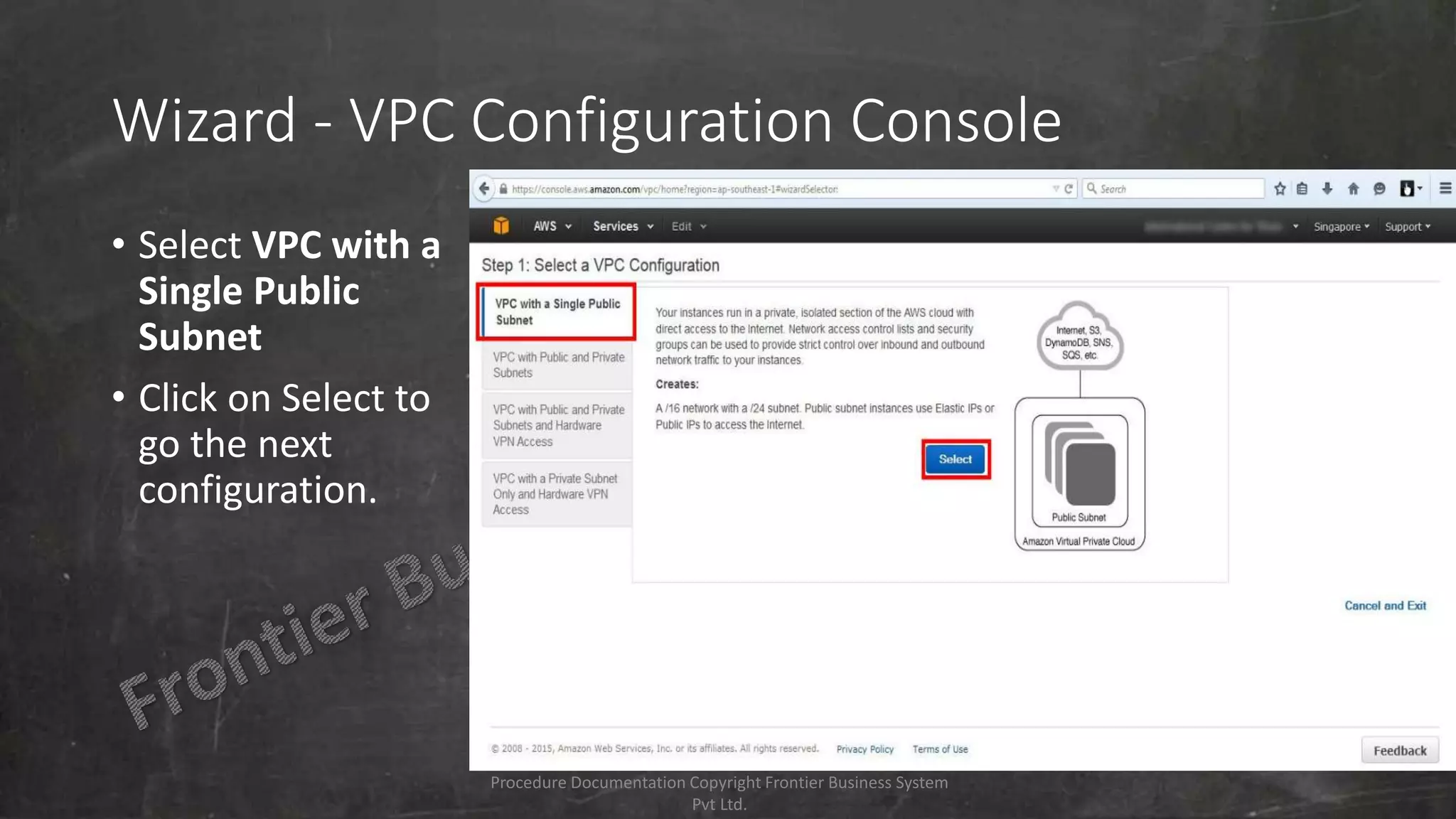 Wizard - VPC Configuration Console
• Select VPC with a
Single Public
Subnet
• Click on Select to
go the next
configuration.
Procedure Documentation Copyright Frontier Business System
Pvt Ltd.
 