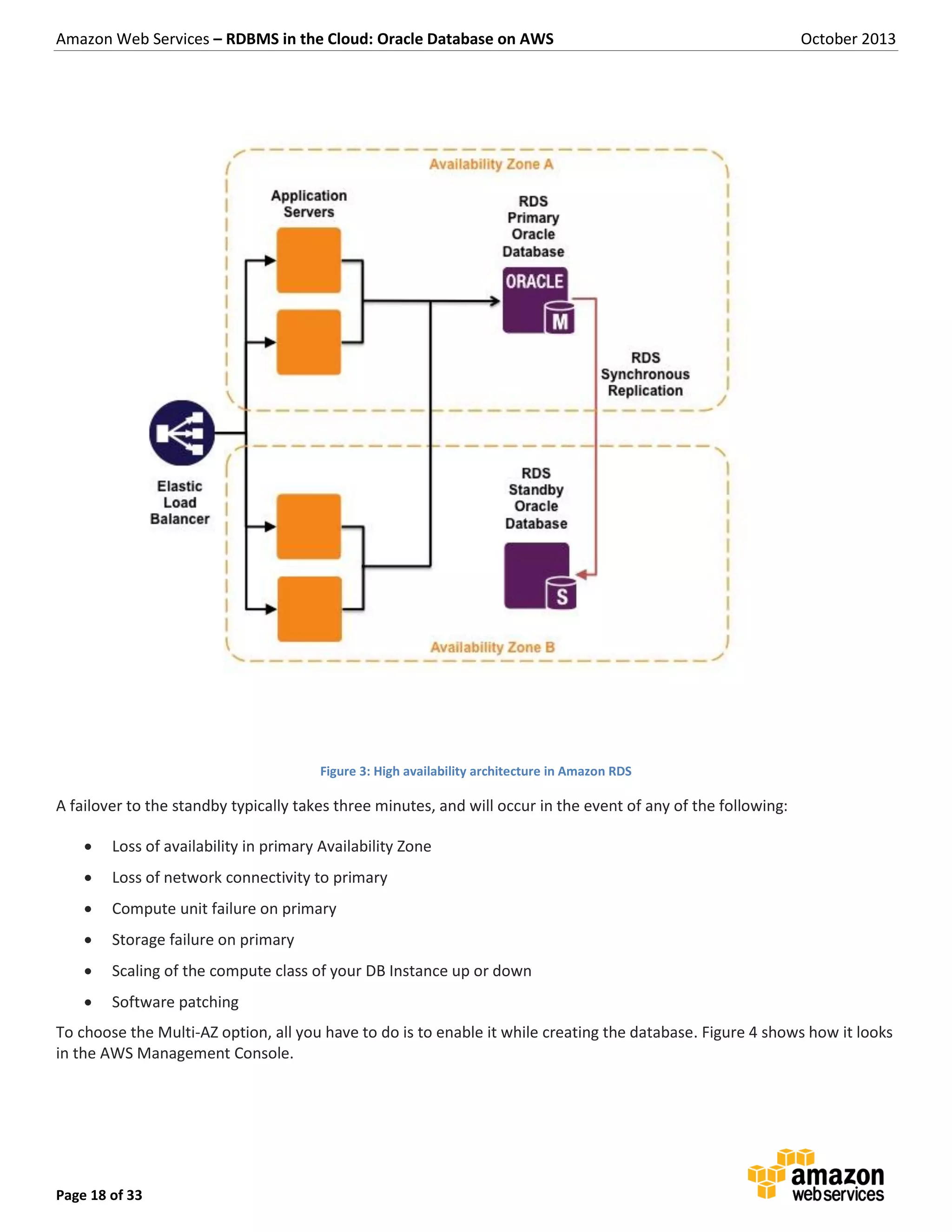 Amazon Web Services – RDBMS in the Cloud: Oracle Database on AWS October 2013 Page 18 of 33 Figure 3: High availability architecture in Amazon RDS A failover to the standby typically takes three minutes, and will occur in the event of any of the following:  Loss of availability in primary Availability Zone  Loss of network connectivity to primary  Compute unit failure on primary  Storage failure on primary  Scaling of the compute class of your DB Instance up or down  Software patching To choose the Multi-AZ option, all you have to do is to enable it while creating the database. Figure 4 shows how it looks in the AWS Management Console. 
