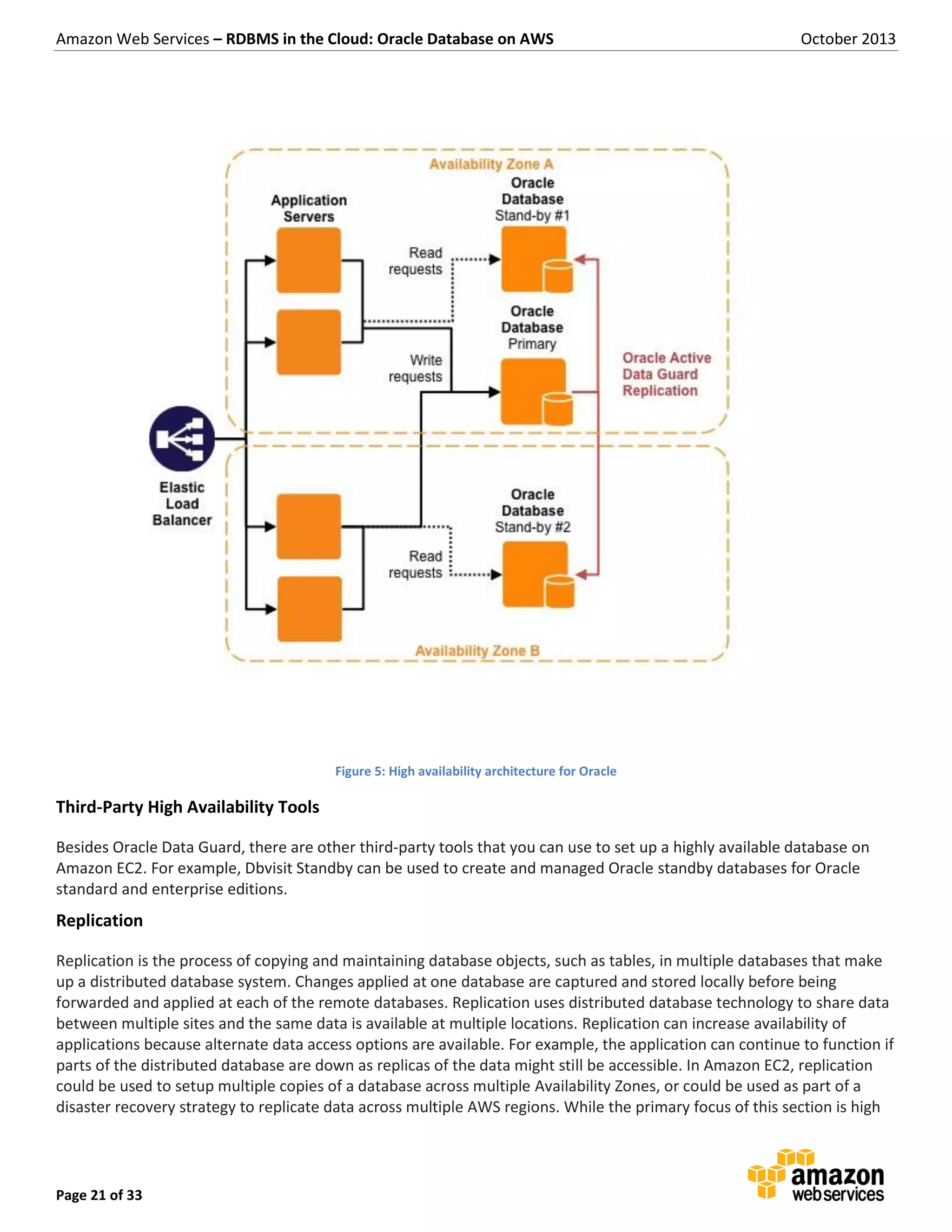Amazon Web Services – RDBMS in the Cloud: Oracle Database on AWS October 2013 Page 21 of 33 Figure 5: High availability architecture for Oracle Third-Party High Availability Tools Besides Oracle Data Guard, there are other third-party tools that you can use to set up a highly available database on Amazon EC2. For example, Dbvisit Standby can be used to create and managed Oracle standby databases for Oracle standard and enterprise editions. Replication Replication is the process of copying and maintaining database objects, such as tables, in multiple databases that make up a distributed database system. Changes applied at one database are captured and stored locally before being forwarded and applied at each of the remote databases. Replication uses distributed database technology to share data between multiple sites and the same data is available at multiple locations. Replication can increase availability of applications because alternate data access options are available. For example, the application can continue to function if parts of the distributed database are down as replicas of the data might still be accessible. In Amazon EC2, replication could be used to setup multiple copies of a database across multiple Availability Zones, or could be used as part of a disaster recovery strategy to replicate data across multiple AWS regions. While the primary focus of this section is high 