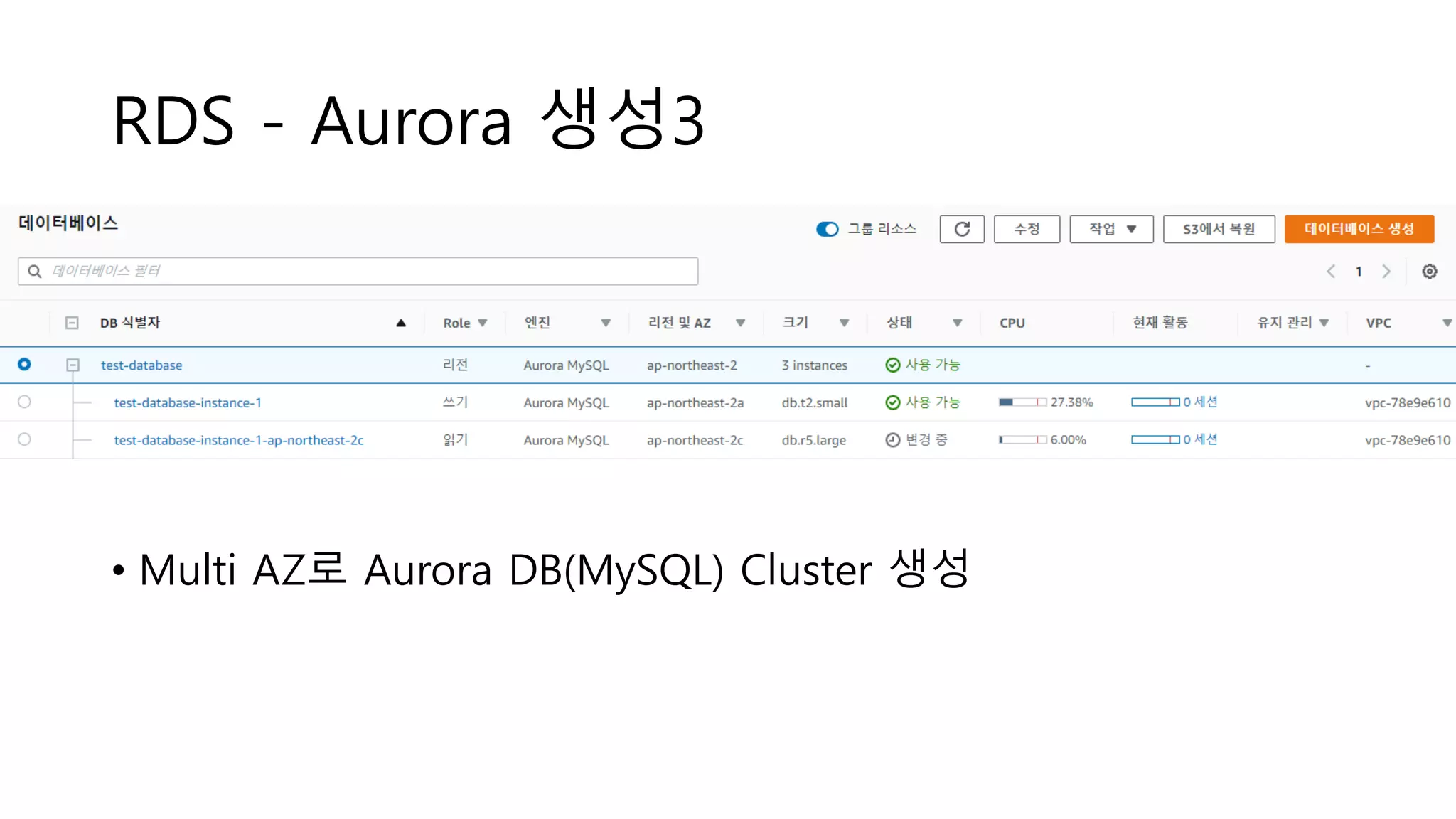 RDS - Aurora 생성3
• Multi AZ로 Aurora DB(MySQL) Cluster 생성
 