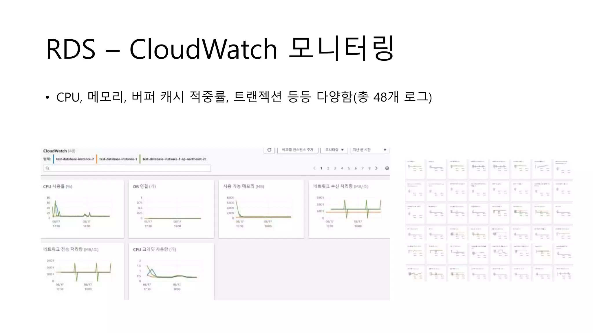 RDS – CloudWatch 모니터링
• CPU, 메모리, 버퍼 캐시 적중률, 트랜젝션 등등 다양함(총 48개 로그)
 