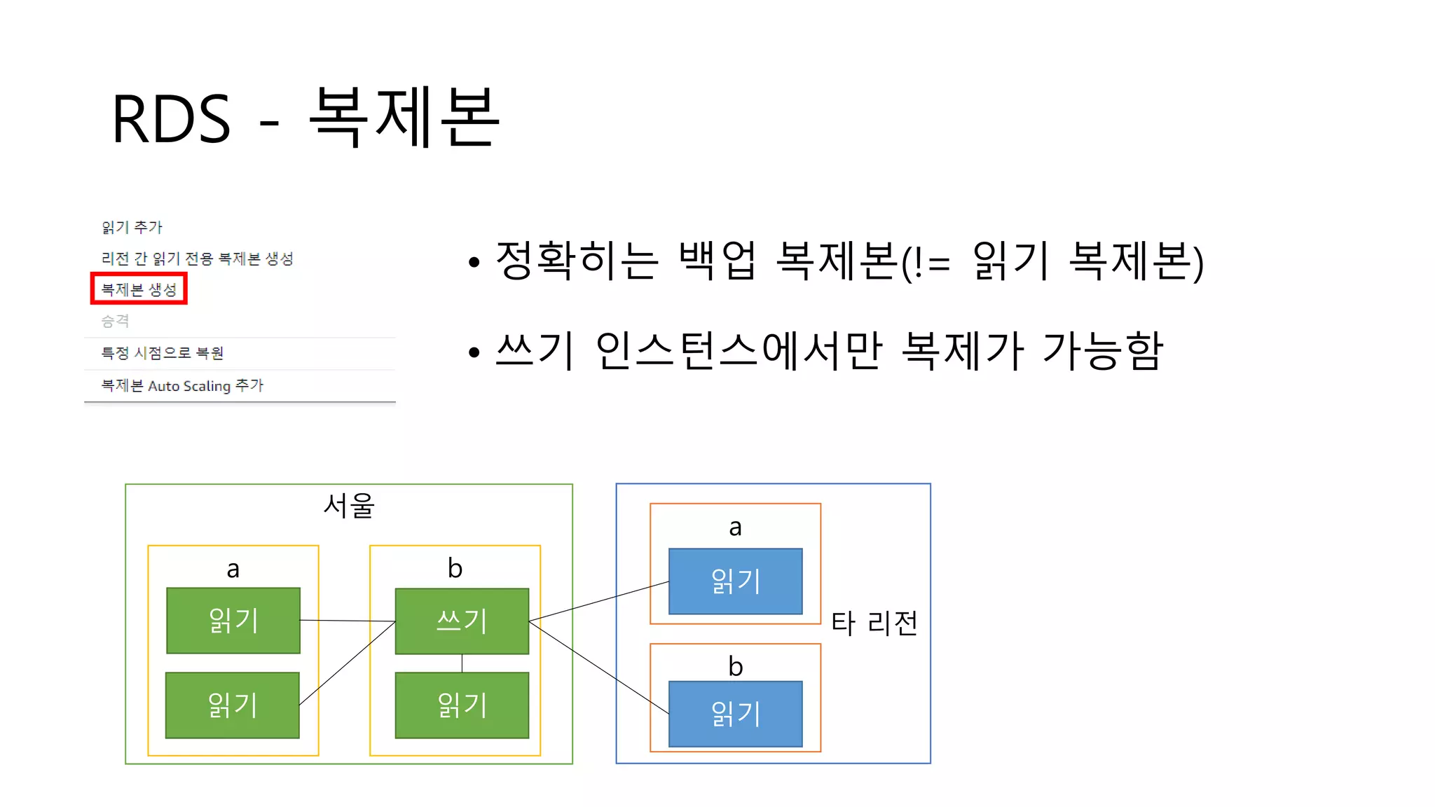RDS - 복제본
• 정확히는 백업 복제본(!= 읽기 복제본)
• 쓰기 인스턴스에서만 복제가 가능함
서울
타 리전쓰기
읽기읽기
읽기
읽기
읽기
a b
a
b
 