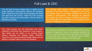Full Load & CDC
The full load process creates files or tables at the
target database, automatically defines the metadata
that is required at the target, and populates the tables
with data from the source. Unlike the CDC process
the data is loaded one entire table or file at a time for
efficiency purposes.
The Load process can be interrupted and when
restarted it continues from wherever it was stopped.
New tables can be added to an existing target
without reloading the existing tables. Similarly,
columns in previously-populated target tables can be
added or dropped without requiring reloading.
CDC operates by reading the recovery log file of the source
database management system and grouping together the
entries for each transaction. Various techniques are employed
to ensure that this is done in an efficient manner without
seriously impacting the latency of the target data.
The Change Data Capture (CDC) process captures
changes in the source data or metadata as they occur
and applies them to the target database as soon as
possible in near-real-time. The changes are captured
and applied as units of single committed transactions,
and several different target tables can be updated as the
result of a single source commit.
 