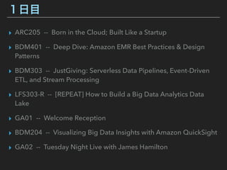 １日目
▸ ARC205 -- Born in the Cloud; Built Like a Startup
▸ BDM401 -- Deep Dive: Amazon EMR Best Practices & Design
Patterns
▸ BDM303 -- JustGiving: Serverless Data Pipelines, Event-Driven
ETL, and Stream Processing
▸ LFS303-R -- [REPEAT] How to Build a Big Data Analytics Data
Lake
▸ GA01 -- Welcome Reception
▸ BDM204 -- Visualizing Big Data Insights with Amazon QuickSight
▸ GA02 -- Tuesday Night Live with James Hamilton
 