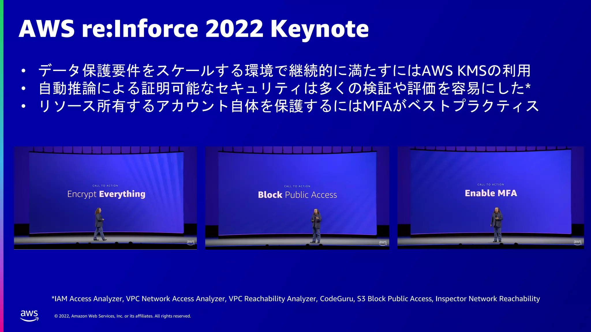 © 2022, Amazon Web Services, Inc. or its affiliates. All rights reserved.
AWS re:Inforce 2022 Keynote
• データ保護要件をスケールする環境で継続的に満たすにはAWS KMSの利用
• 自動推論による証明可能なセキュリティは多くの検証や評価を容易にした*
• リソース所有するアカウント自体を保護するにはMFAがベストプラクティス
*IAM Access Analyzer, VPC Network Access Analyzer, VPC Reachability Analyzer, CodeGuru, S3 Block Public Access, Inspector Network Reachability
 