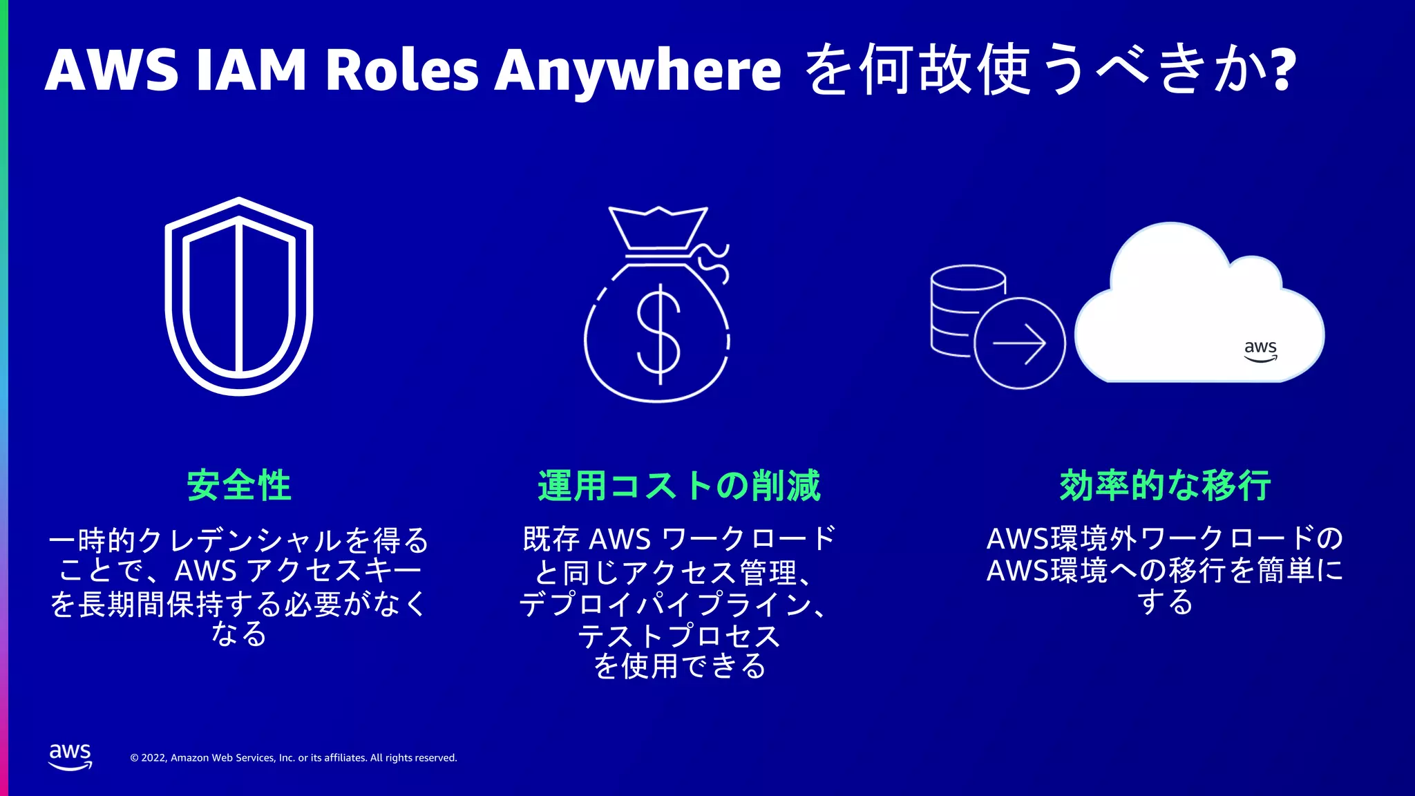 © 2022, Amazon Web Services, Inc. or its affiliates. All rights reserved.
AWS IAM Roles Anywhere を何故使うべきか?
安全性
一時的クレデンシャルを得る
ことで、AWS アクセスキー
を長期間保持する必要がなく
なる
運用コストの削減
既存 AWS ワークロード
と同じアクセス管理、
デプロイパイプライン、
テストプロセス
を使用できる
効率的な移行
AWS環境外ワークロードの
AWS環境への移行を簡単に
する
 