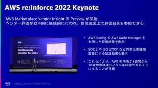 © 2022, Amazon Web Services, Inc. or its affiliates. All rights reserved.
AWS re:Inforce 2022 Keynote
AWS Marketplace Vendor Insight の Preview が開始
ベンダー評価が効率的に継続的に行われ、管理画面上で評価結果を参照できる
• AWS Config や AWS Audit Manager を
利用した評価結果を表示
• SOC 2 や ISO 27001 などの第三者機関
監査による認証結果も表示
• これらにより、AWS 利用者が8週間から
10週間の調達サイクルを短縮できるよう
にすることが目標
 