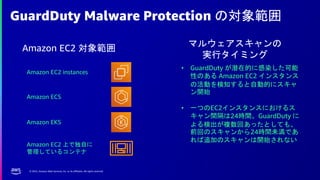 © 2022, Amazon Web Services, Inc. or its affiliates. All rights reserved.
GuardDuty Malware Protection の対象範囲
• GuardDuty が潜在的に感染した可能
性のある Amazon EC2 インスタンス
の活動を検知すると自動的にスキャ
ン開始
• 一つのEC2インスタンスにおけるス
キャン間隔は24時間。GuardDuty に
よる検出が複数回あったとしても、
前回のスキャンから24時間未満であ
れば追加のスキャンは開始されない
マルウェアスキャンの
実行タイミング
Amazon EC2 instances
Amazon EC2 対象範囲
Amazon ECS
Amazon EKS
Amazon EC2 上で独自に
管理しているコンテナ
 