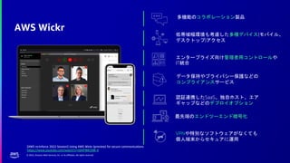© 2022, Amazon Web Services, Inc. or its affiliates. All rights reserved.
多機能のコラボレーション製品
低帯域幅環境も考慮した多種デバイス(モバイル、
デスクトップ)アクセス
エンタープライズ向け管理者用コントロールや
IT統合
データ保持やプライバシー保護などの
コンプライアンスサービス
認証連携したSaaS、独自ホスト、エア
ギャップなどのデプロイオプション
最先端のエンドツーエンド暗号化
VPNや特別なソフトウェアがなくても
個人端末からセキュアに運用
AWS Wickr
[AWS re:Inforce 2022 Session] Using AWS Wickr (preview) for secure communications
https://www.youtube.com/watch?v=nbHPWK5NR-4
 