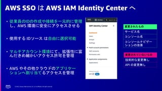 © 2022, Amazon Web Services, Inc. or its affiliates. All rights reserved.
AWS SSO は AWS IAM Identity Center へ
• 従業員のIDの作成や接続を一元的に管理
し、AWS 環境に安全にアクセスさせる
• 使用する IDソース は自由に選択可能
• マルチアカウント環境にて、拡張性に富
んだきめ細かいアクセス許可を管理
• AWS やその他クラウドのアプリケー
ションへ割り当てるアクセスを管理
変更されたもの
サービス名
コンソール名
コンソールナビゲー
ションの改善
変更されていないもの
技術的な変更無し
API の変更無し
 