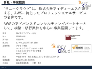 Page 3
会社・事業概要
“サニークラウド”は、株式会社アイディーエスが運営
する、AWSに特化したプロフェッショナルサービス
の名称です。
AWSのアドバンスドコンサルティングパートナーと
して、構築・移行案件を中心に事業展開してます。
商号 株式会社アイディーエス
設立 1996年12月
資本金 10百万円
売上高 1,430百万円(2016年6月期)
主要事業 クラウド事業
システムインテグレーション事業
システムエンジニアリング事業
Web/EC事業
拠点 〒108-0073 東京都港区三田3-2-8 Net2三田ビル 2F
従業員数 92名(2016年6月末時点)
代表者 代表取締役社長 中野 貴志
 