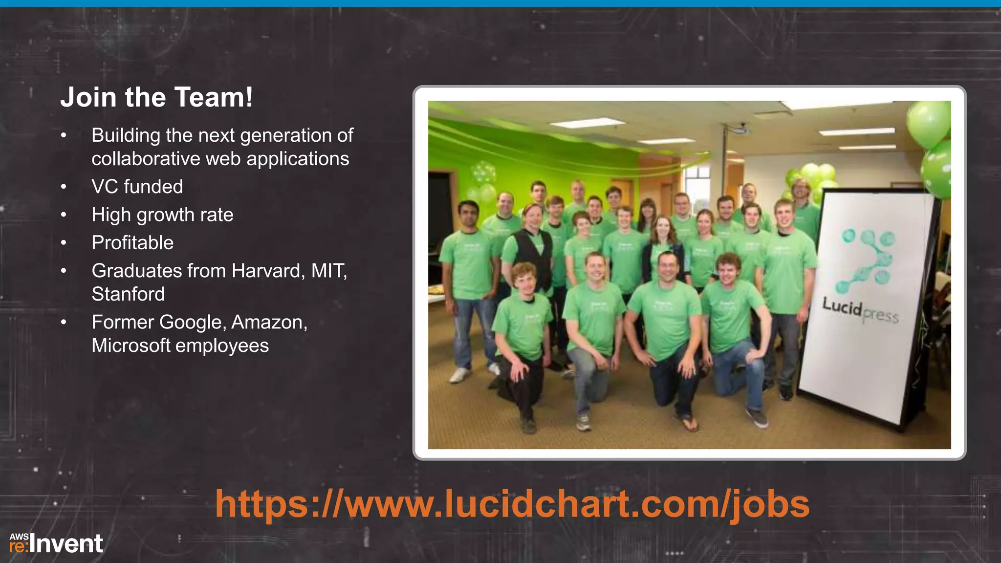 Join the Team!
•
•
•
•
•
•

Building the next generation of
collaborative web applications
VC funded
High growth rate
Profitable
Graduates from Harvard, MIT,
Stanford
Former Google, Amazon,
Microsoft employees

https://www.lucidchart.com/jobs

 