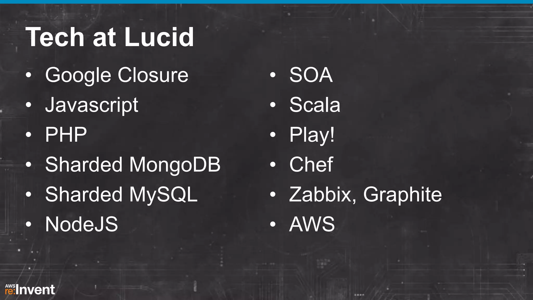 Tech at Lucid
•
•
•
•
•
•

Google Closure
Javascript
PHP
Sharded MongoDB
Sharded MySQL
NodeJS

•
•
•
•
•
•

SOA
Scala
Play!
Chef
Zabbix, Graphite
AWS

 
