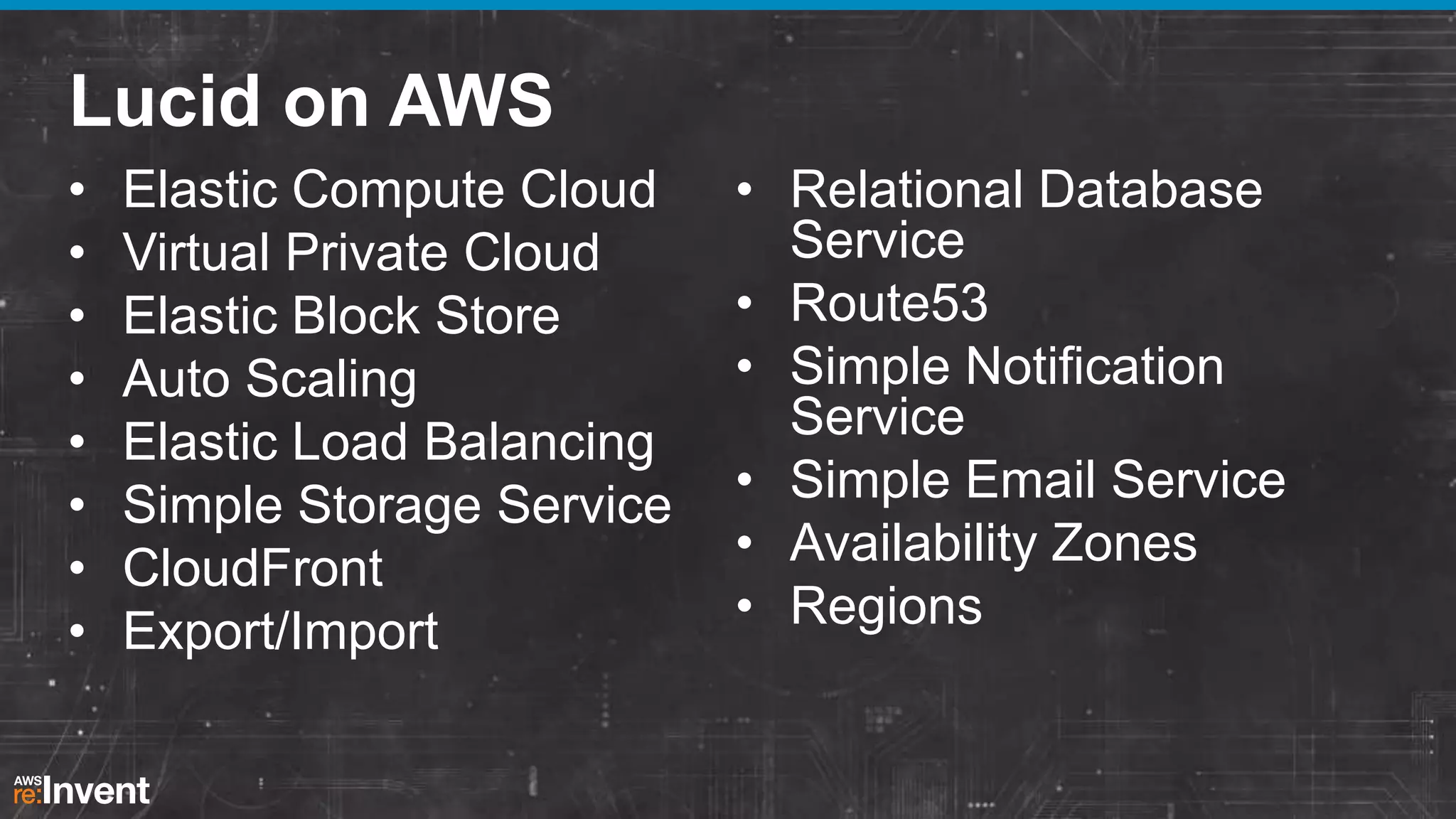 Lucid on AWS
•
•
•
•
•
•
•
•

Elastic Compute Cloud
Virtual Private Cloud
Elastic Block Store
Auto Scaling
Elastic Load Balancing
Simple Storage Service
CloudFront
Export/Import

• Relational Database
Service
• Route53
• Simple Notification
Service
• Simple Email Service
• Availability Zones
• Regions

 
