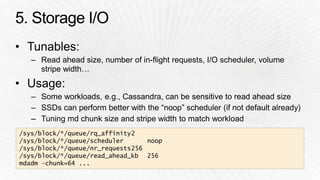 /sys/block/*/queue/rq_affinity2 
/sys/block/*/queue/scheduler noop 
/sys/block/*/queue/nr_requests256 
/sys/block/*/queue/read_ahead_kb 256 
mdadm –chunk=64 ... 
 