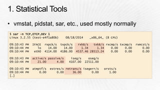 $ sar -n TCP,ETCP,DEV 1 
Linux 3.2.55 (test-e4f1a80b) 08/18/2014 _x86_64_ (8 CPU) 
09:10:43 PM IFACE rxpck/s txpck/s rxkB/s txkB/s rxcmp/s txcmp/s rxmcst/s 
09:10:44 PM lo 14.00 14.00 1.34 1.34 0.00 0.00 0.00 
09:10:44 PM eth0 4114.00 4186.00 4537.46 28513.24 0.00 0.00 0.00 
09:10:43 PM active/s passive/s iseg/s oseg/s 
09:10:44 PM 21.00 4.00 4107.00 22511.00 
09:10:43 PM atmptf/s estres/s retrans/s isegerr/s orsts/s 
09:10:44 PM 0.00 0.00 36.00 0.00 1.00 
[…] 
 