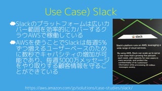 Use Case) Instacart0
☁ Instacartは生鮮食品の買い物を代
行するサービス0
☁ Instacartは本番環境のデータベー
ス、コンテンツ配信、分析プラッ
トフォームをAWSに移行した0
☁ AWSを使うことで、毎月100万以
上の新しい日用品が、数TBの新し
い情報として追加されている0
https://aws.amazon.com/jp/solutions/case-studies/instacart/A
 