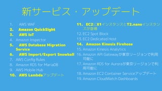 新サービス・アップデート0
1.  AWS WAF0
2.  Amazon QuickSight3
3.  AWS IoT3
4.  Amazon Inspector0
5.  AWS Database Migration
Service3
6.  AWS Import/Export Snowball3
7.  AWS Conﬁg Rules0
8.  Amazon RDS for MariaDB0
9.  AWS Mobile Hub0
10.  AWS Lambdaアップデート0
11.  EC2にX1インスタンスとT2.nanoインスタン
スが登場3
12.  EC2 Spot Block0
13.  EC2 Dedicated Host0
14.  Amazon Kinesis Firehose3
15.  Amazon Kinesis Analytics0
16.  Amazon API Gatewayが東京リージョンで利
用可能に 0
17.  Amazon RDS for Auroraが東京リージョンで
利用可能に0
18.  Amazon EC2 Container Serviceアップデート 0
19.  Amazon CloudWatch Dashboards0
0
 