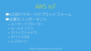 AWS IoT0
https://aws.amazon.com/jp/iot/A
☁ IoT向けマネージドプラットフォーム0
☁ 主要なコンポーネント0
–  メッセージブローカー0
–  ルールエンジン0
–  デバイスシャドウ0
–  デバイスSDK0
–  レジストリ0
 