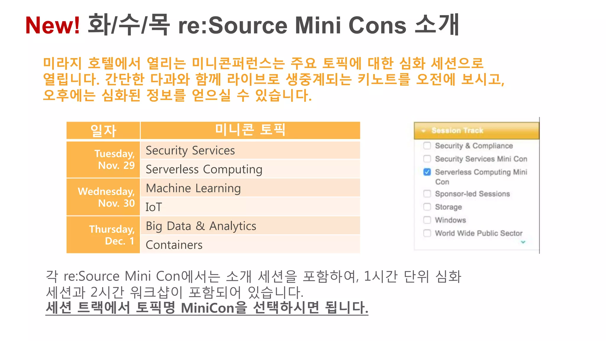 일자 미니콘 토픽
Tuesday,
Nov. 29
Security Services
Serverless Computing
Wednesday,
Nov. 30
Machine Learning
IoT
Thursday,
Dec. 1
Big Data & Analytics
Containers
미라지 호텔에서 열리는 미니콘퍼런스는 주요 토픽에 대한 심화 세션으로
열립니다. 간단한 다과와 함께 라이브로 생중계되는 키노트를 오전에 보시고,
오후에는 심화된 정보를 얻으실 수 있습니다.
New! 화/수/목 re:Source Mini Cons 소개
각 re:Source Mini Con에서는 소개 세션을 포함하여, 1시간 단위 심화
세션과 2시간 워크샵이 포함되어 있습니다.
세션 트랙에서 토픽명 MiniCon을 선택하시면 됩니다.
 