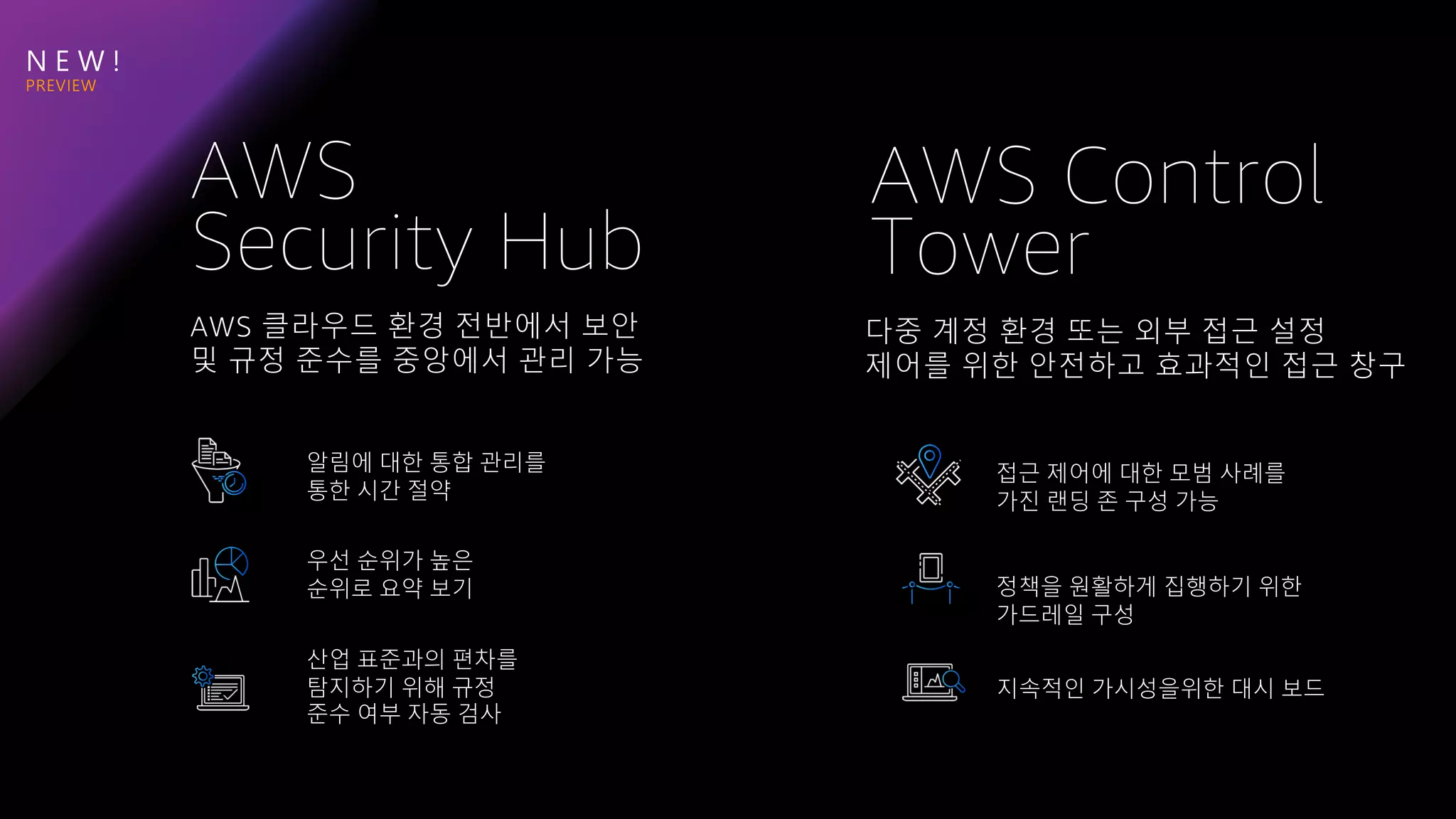 N E W !
AWS 클라우드 환경 전반에서 보안
및 규정 준수를 중앙에서 관리 가능
AWS
Security Hub
우선 순위가 높은
순위로 요약 보기
산업 표준과의 편차를
탐지하기 위해 규정
준수 여부 자동 검사
알림에 대한 통합 관리를
통한 시간 절약
지속적인 가시성을위한 대시 보드
정책을 원활하게 집행하기 위한
가드레일 구성
접근 제어에 대한 모범 사례를
가진 랜딩 존 구성 가능
AWS Control
Tower
다중 계정 환경 또는 외부 접근 설정
제어를 위한 안전하고 효과적인 접근 창구
 