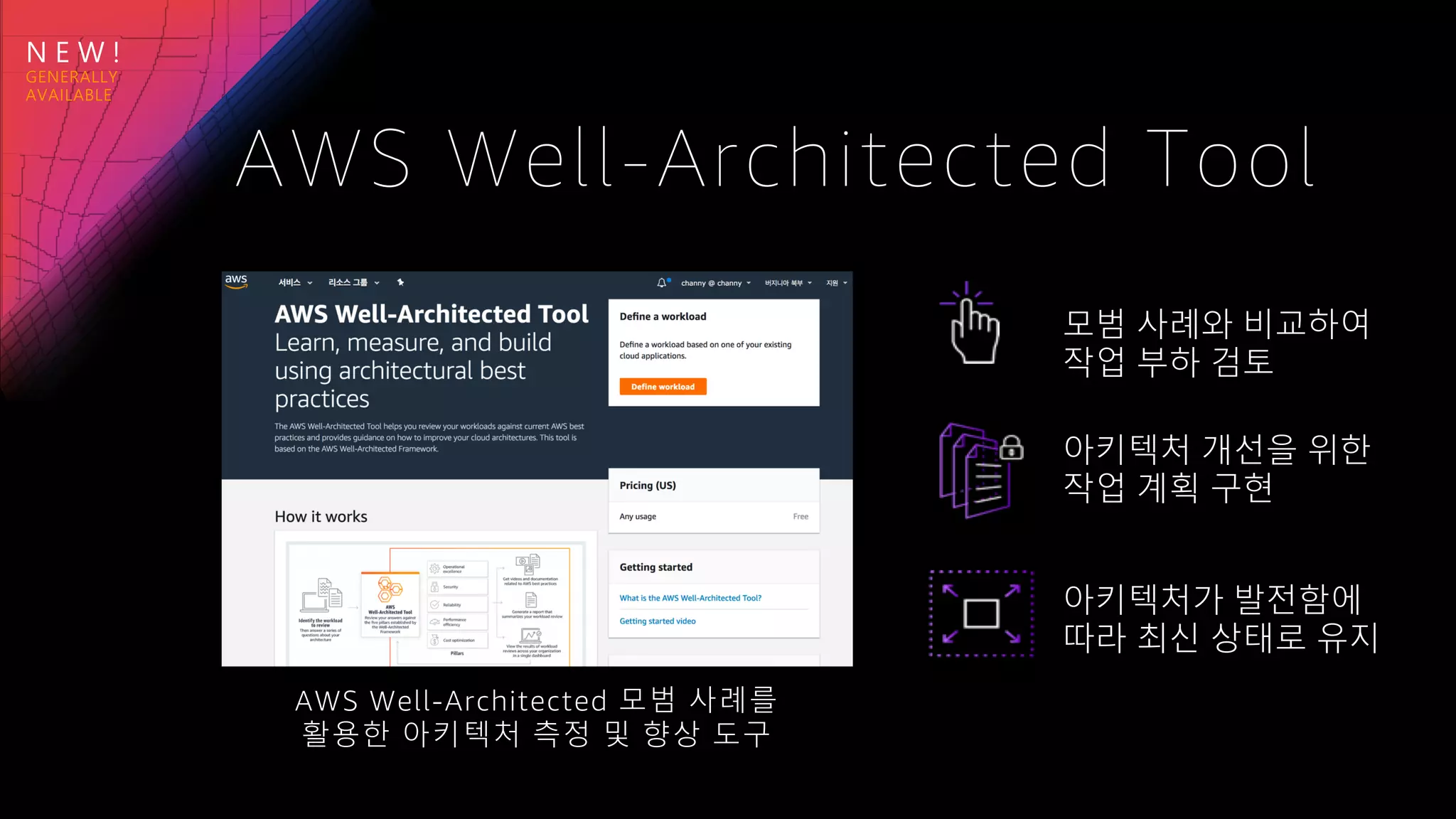 N E W !
AWS Well-Architected Tool
AWS Well-Architected 모범 사례를
활용한 아키텍처 측정 및 향상 도구
아키텍처 개선을 위한
작업 계획 구현
아키텍처가 발전함에
따라 최신 상태로 유지
모범 사례와 비교하여
작업 부하 검토
 