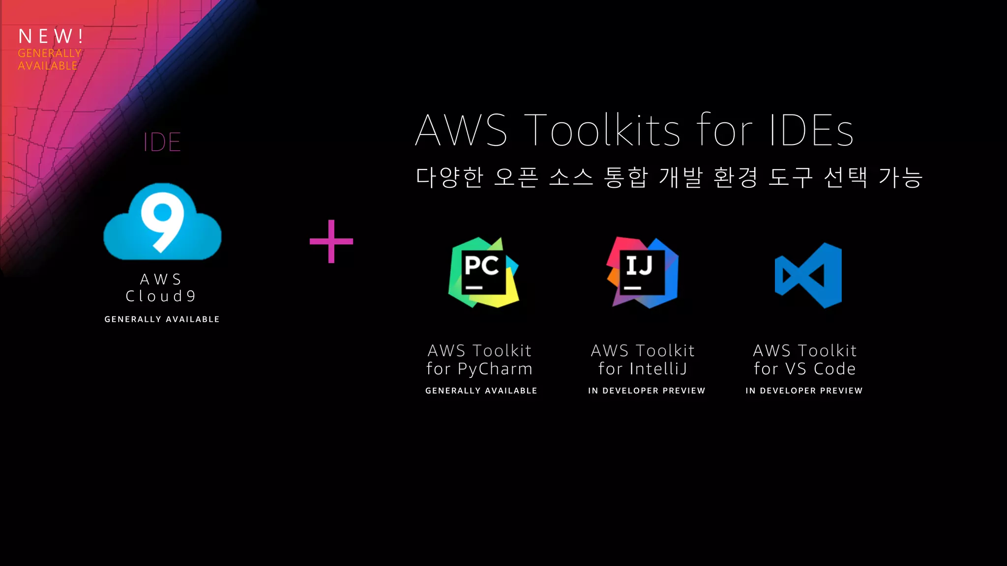 N E W !
GE N E R AL L Y AVAI L AB L E
A W S
C l o u d 9
AWS Toolkit
for PyCharm
AWS Toolkit
for IntelliJ
AWS Toolkit
for VS Code
GENERALLY AVAILABLE IN DEVELOPER PREVIEW IN DEVELOPER PREVIEW
다양한 오픈 소스 통합 개발 환경 도구 선택 가능
AWS Toolkits for IDEs
+
IDE
 