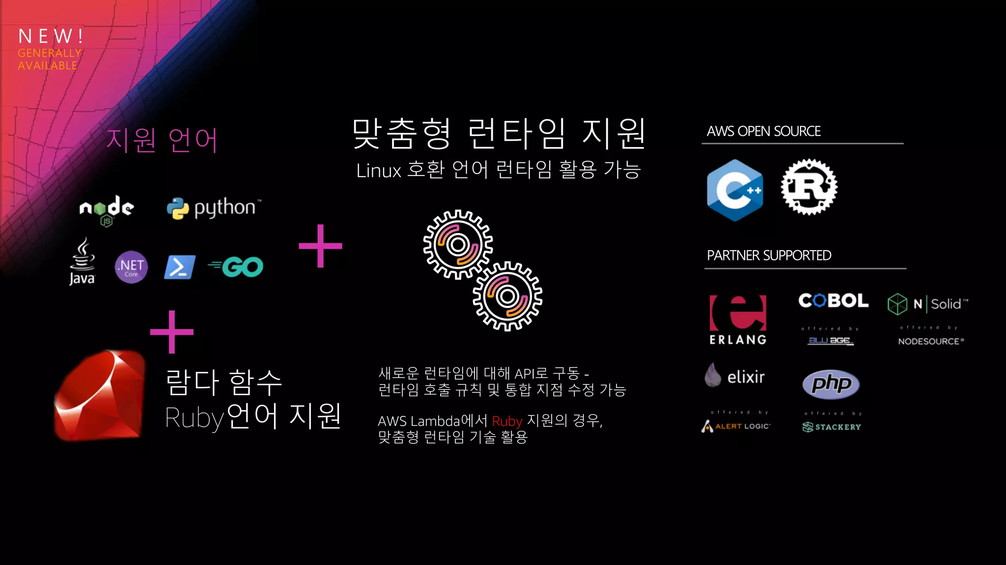 N E W !
지원 언어
람다 함수
Ruby언어 지원
+ 새로운 런타임에 대해 API로 구동 -
런타임 호출 규칙 및 통합 지점 수정 가능
AWS Lambda에서 Ruby 지원의 경우,
맞춤형 런타임 기술 활용
Linux 호환 언어 런타임 활용 가능
맞춤형 런타임 지원
+
AWS OPEN SOURCE
o f f e r e d b y
o f f e r e d b y
o f f e r e d b y
o f f e r e d b y
PARTNER SUPPORTED
 