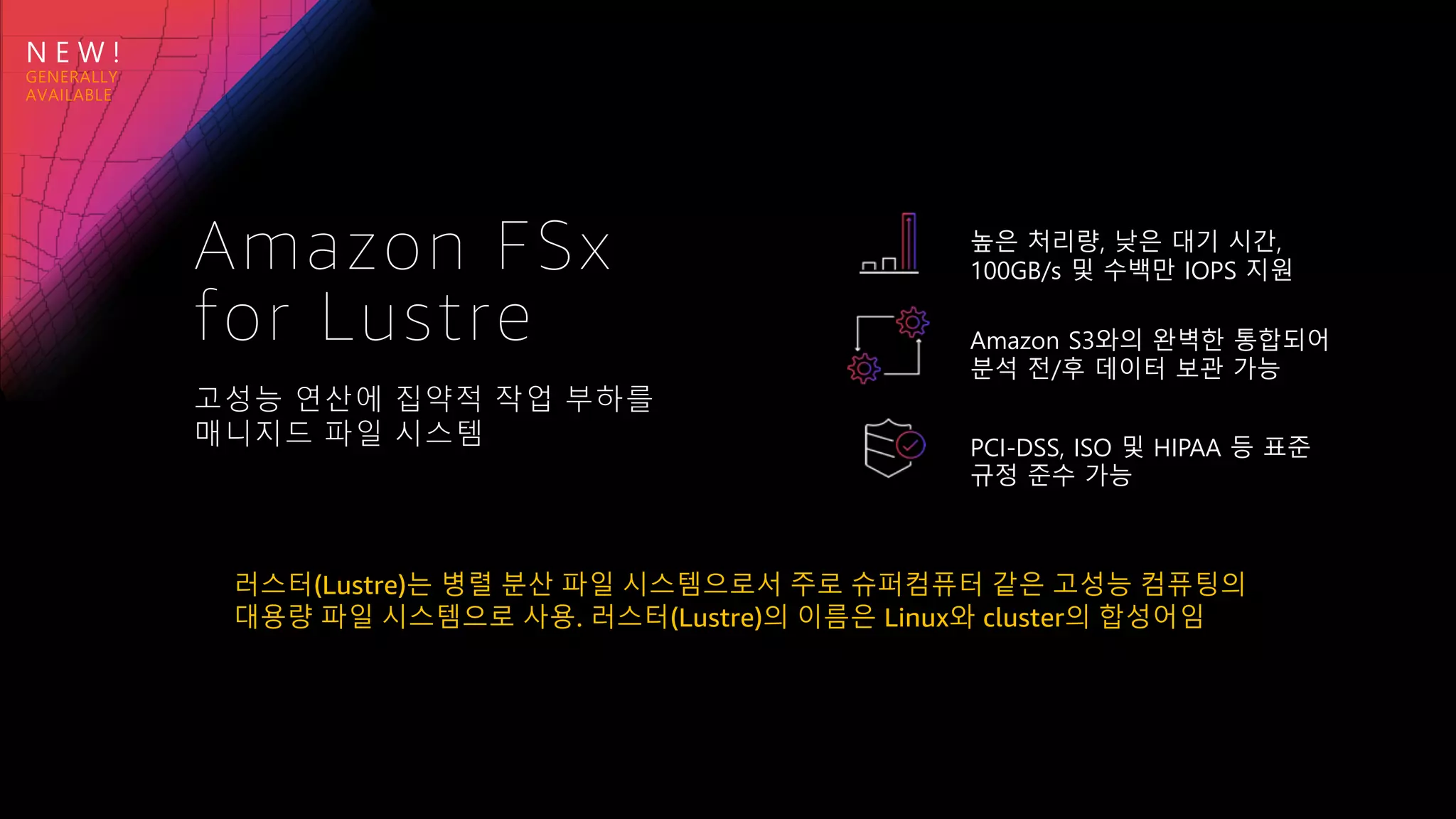 N E W !
높은 처리량, 낮은 대기 시간,
100GB/s 및 수백만 IOPS 지원
Amazon S3와의 완벽한 통합되어
분석 전/후 데이터 보관 가능
PCI-DSS, ISO 및 HIPAA 등 표준
규정 준수 가능
고성능 연산에 집약적 작업 부하를
매니지드 파일 시스템
Amazon FSx
for Lustre
러스터(Lustre)는 병렬 분산 파일 시스템으로서 주로 슈퍼컴퓨터 같은 고성능 컴퓨팅의
대용량 파일 시스템으로 사용. 러스터(Lustre)의 이름은 Linux와 cluster의 합성어임
 