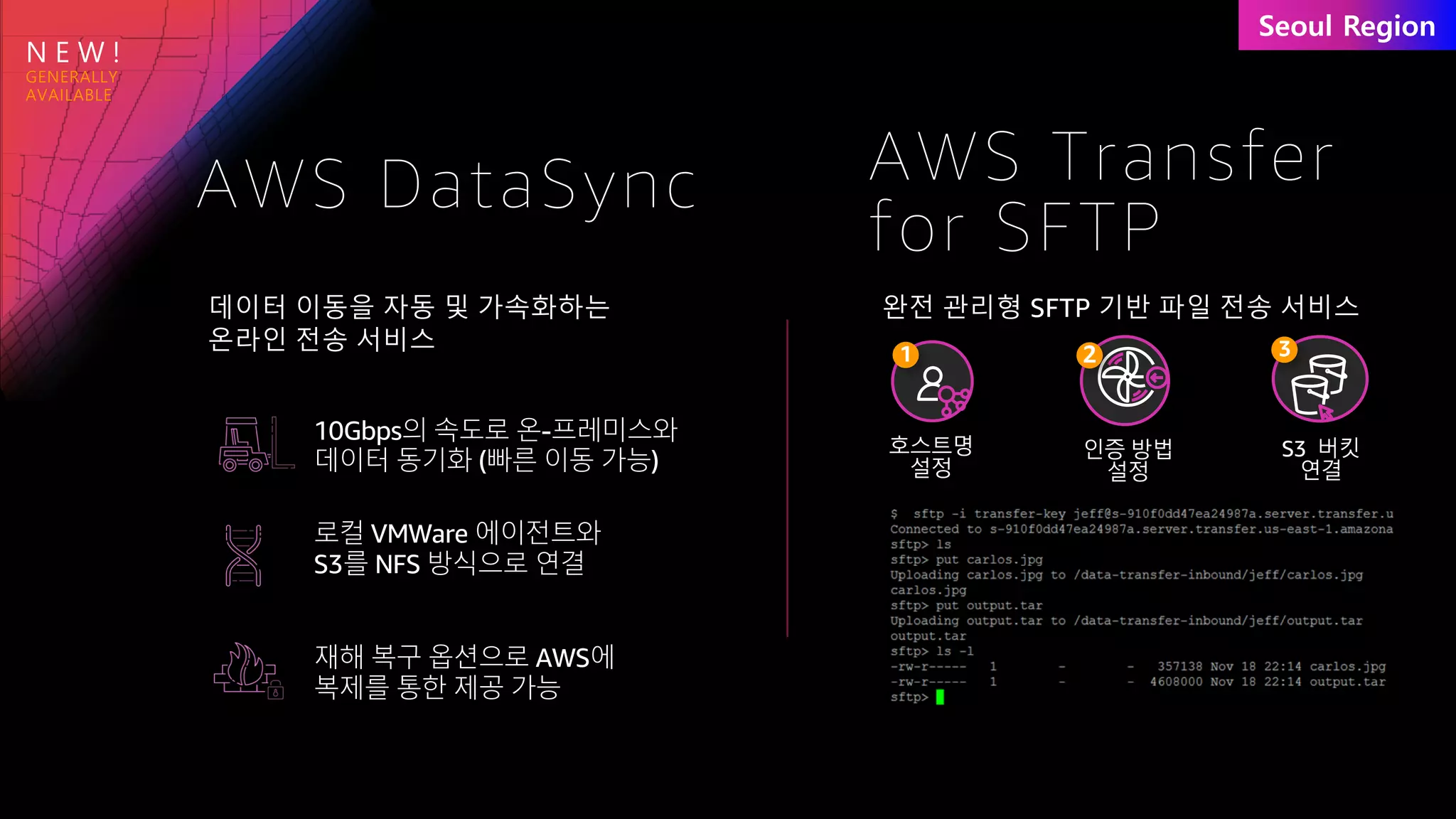 N E W !
AWS DataSync AWS Transfer
for SFTP
데이터 이동을 자동 및 가속화하는
온라인 전송 서비스
완전 관리형 SFTP 기반 파일 전송 서비스
재해 복구 옵션으로 AWS에
복제를 통한 제공 가능
로컬 VMWare 에이전트와
S3를 NFS 방식으로 연결
10Gbps의 속도로 온-프레미스와
데이터 동기화 (빠른 이동 가능)
1 2 3
 