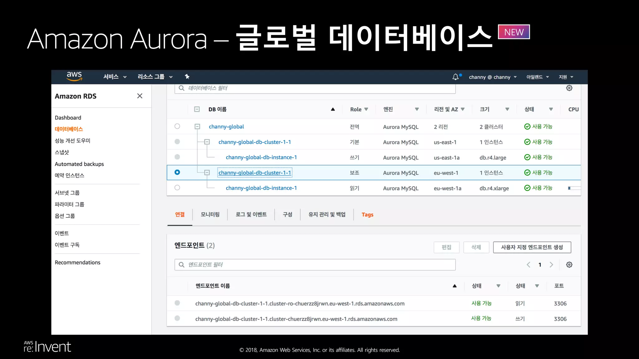 © 2018, Amazon Web Services, Inc. or its affiliates. All rights reserved.
Amazon Aurora – 글로벌 데이터베이스 NEW
 
