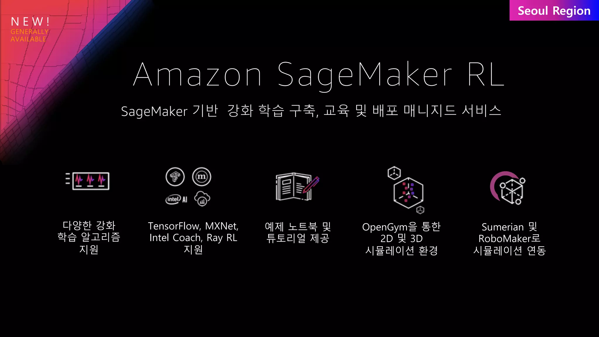N E W !
다양한 강화
학습 알고리즘
지원
TensorFlow, MXNet,
Intel Coach, Ray RL
지원
OpenGym을 통한
2D 및 3D
시뮬레이션 환경
Sumerian 및
RoboMaker로
시뮬레이션 연동
예제 노트북 및
튜토리얼 제공
SageMaker 기반 강화 학습 구축, 교육 및 배포 매니지드 서비스
Amazon SageMaker RL
 