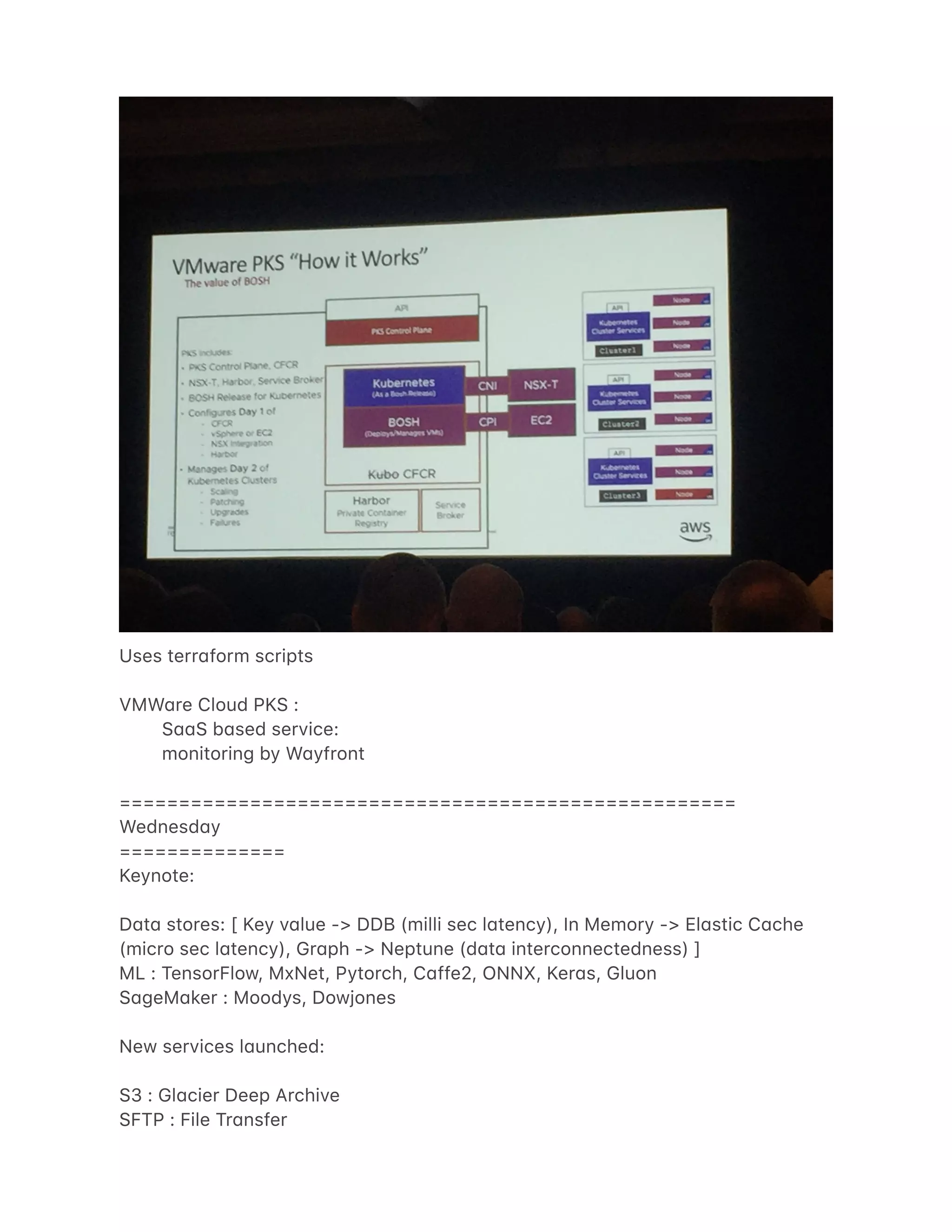 Uses terr4form scripts
VMW4re Cloud PKS :
S44S b4sed service:
monitoring by W4yfront
====================================================
Wednesd4y
==============
Keynote:
D4t4 stores: [ Key v4lue -> DDB (milli sec l4tency), In Memory -> El4stic C4che
(micro sec l4tency), Gr4ph -> Neptune (d4t4 interconnectedness) ]
ML : TensorFlow, MxNet, Pytorch, C4ffe2, ONNX, Ker4s, Gluon
S4geM4ker : Moodys, Dowjones
New services l4unched:
S3 : Gl4cier Deep Archive
SFTP : File Tr4nsfer
 