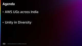 © 2022, Amazon Web Services, Inc. or its affiliates. All rights reserved.
Agenda
• AWS UGs across India
• Unity in Diversity
 